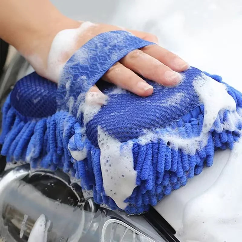 1/2Pcs Blue Microfiber Chenille Car Wash Kit, Auto Cleaning Sponge Pad Washing Glove Towel, Essential Auto Detailing Accessories