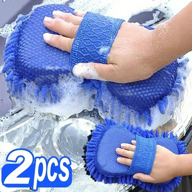 1/2Pcs Blue Microfiber Chenille Car Wash Kit, Auto Cleaning Sponge Pad Washing Glove Towel, Essential Auto Detailing Accessories