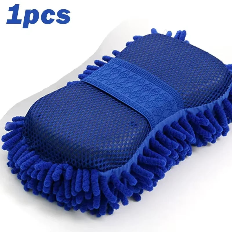 1/2Pcs Blue Microfiber Chenille Car Wash Kit, Auto Cleaning Sponge Pad Washing Glove Towel, Essential Auto Detailing Accessories