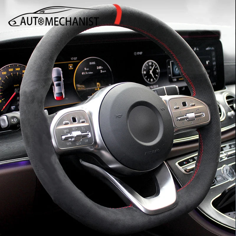 Premium Fur Steering Wheel Cover For Car Universal 38cm Braided Car Steering Wheel Protection Cover Cowhide Suede Interior Parts