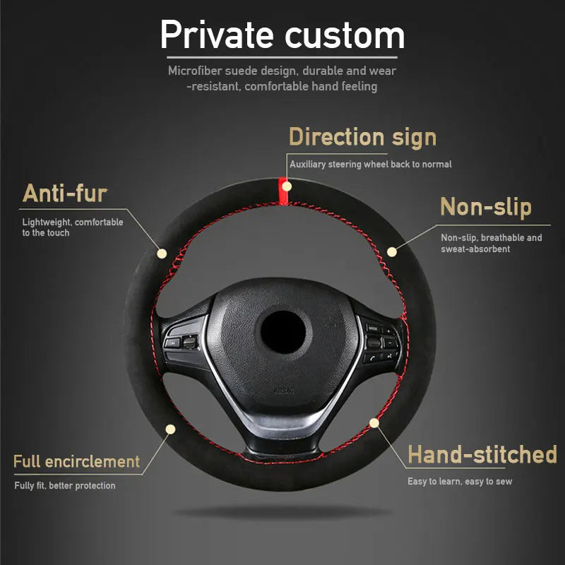 Premium Fur Steering Wheel Cover For Car Universal 38cm Braided Car Steering Wheel Protection Cover Cowhide Suede Interior Parts