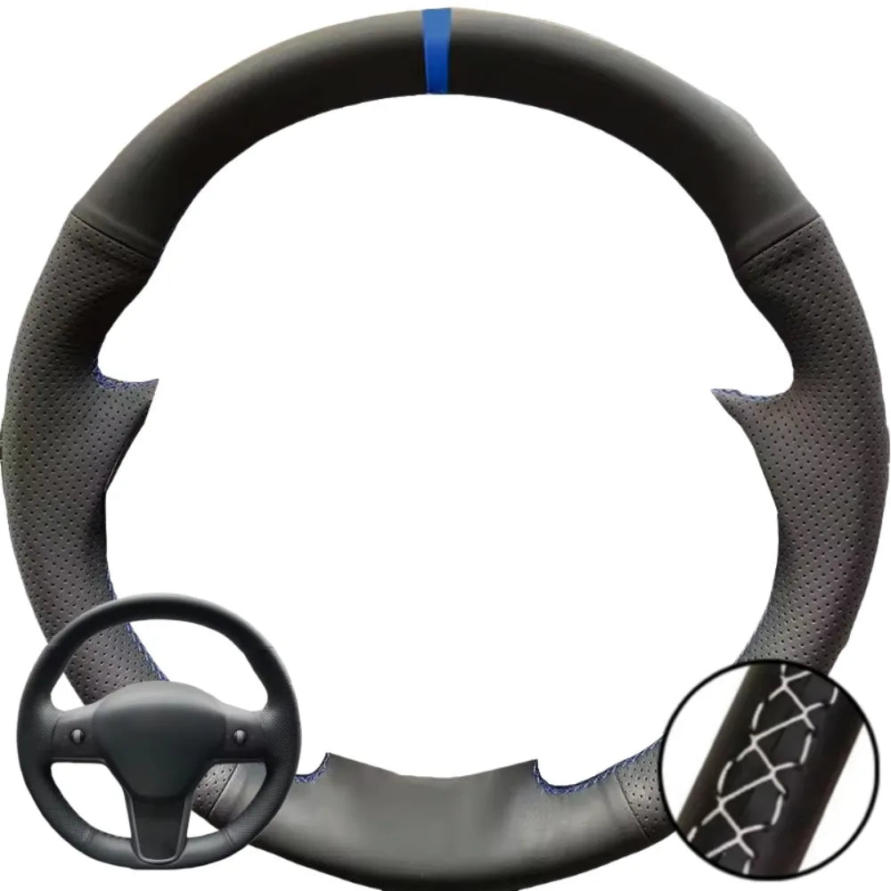 Hand Stitched Black Microfiber Leather Perforated Steering Wheel Cover For Tesla Model 3 2017-2020 Auto Lnterior Accessories