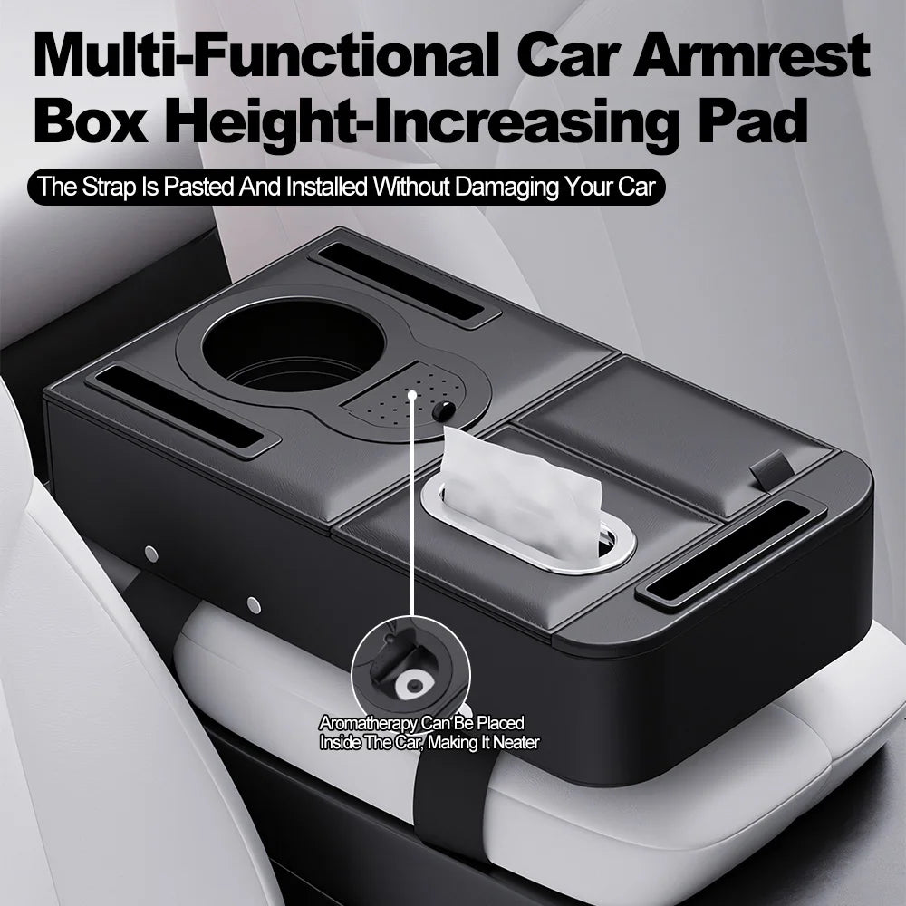 Multi-Functional Car Armrest Box Height-Increasing Pad with Storage Tissue Box And Water Cup Holder - Vehicle Interior Organizer