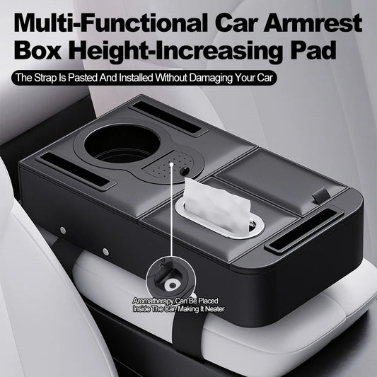 Multi-Functional Car Armrest Box Height Pad with Storage Tissue Box & Cup Holder Organizer