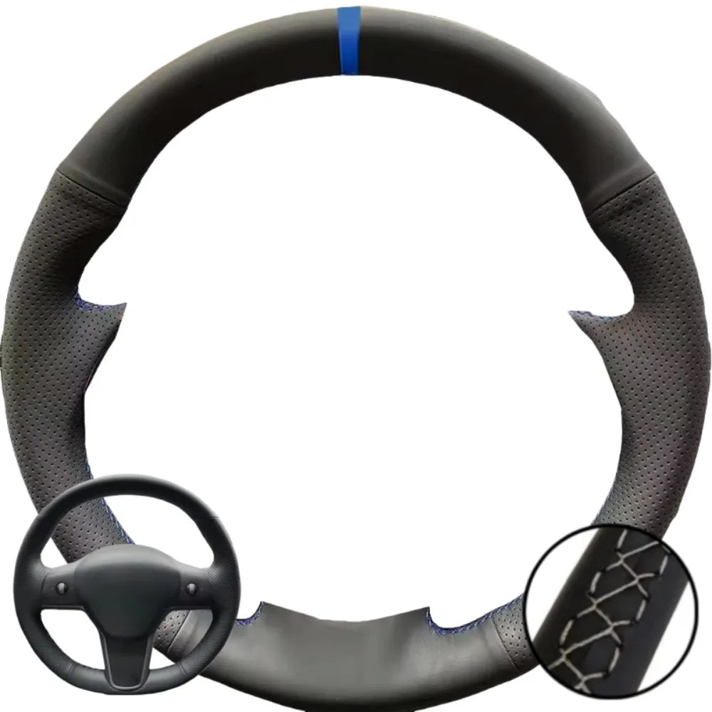 Hand Stitched Black Microfiber Leather Perforated Steering Wheel Cover For Tesla Model 3 2017-2020 Auto Lnterior Accessories