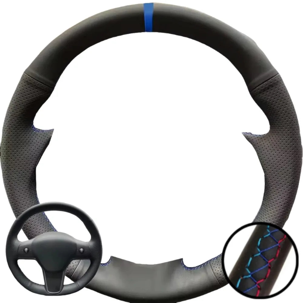Hand Stitched Black Microfiber Leather Perforated Steering Wheel Cover For Tesla Model 3 2017-2020 Auto Lnterior Accessories