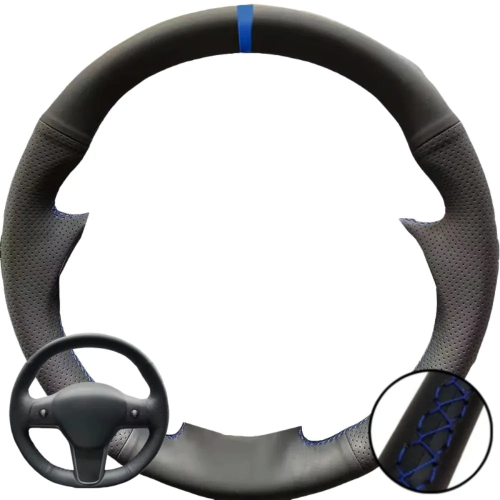 Hand Stitched Black Microfiber Leather Perforated Steering Wheel Cover For Tesla Model 3 2017-2020 Auto Lnterior Accessories