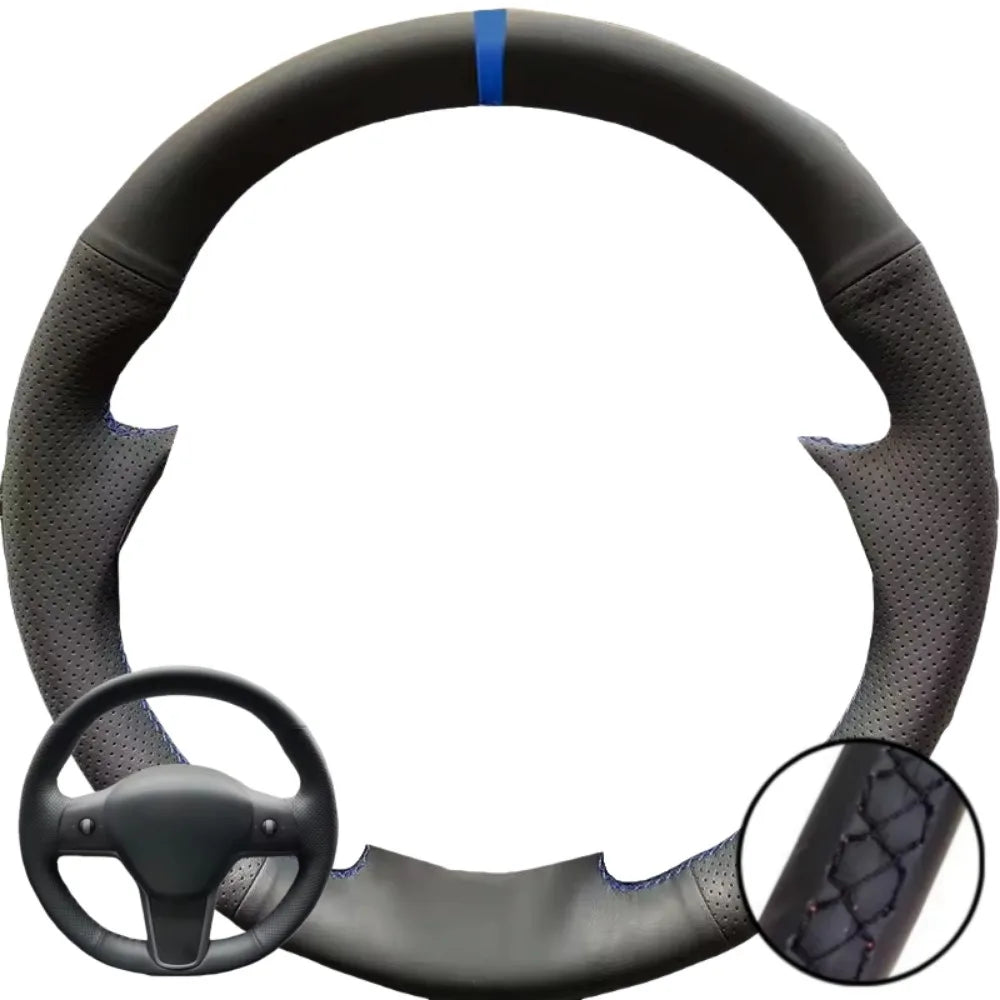 Hand Stitched Black Microfiber Leather Perforated Steering Wheel Cover For Tesla Model 3 2017-2020 Auto Lnterior Accessories
