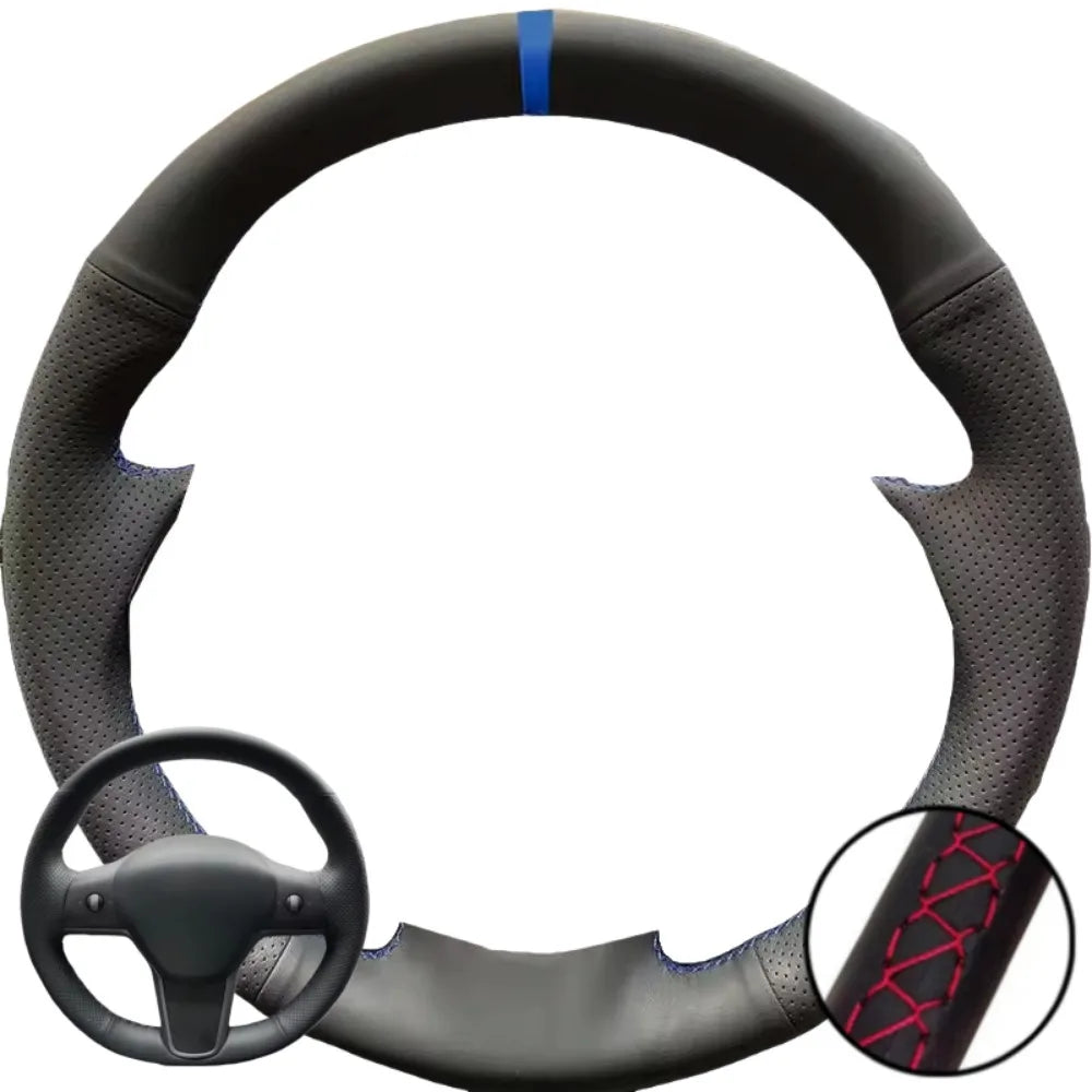 Hand Stitched Black Microfiber Leather Perforated Steering Wheel Cover For Tesla Model 3 2017-2020 Auto Lnterior Accessories